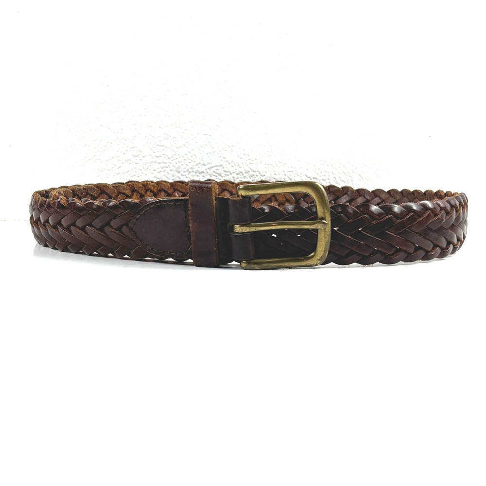 Braided Belt Mens 36 Brown Full Grain Leather Woven Brass Preppy Equestrian